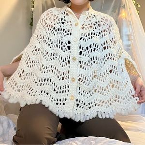 white ivory vintage wool handmade crochet boho poncho shawl